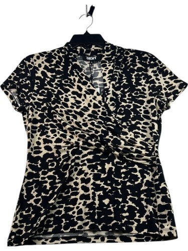 DKNY Bluse Damen Größe Medium Petite PM Hellbraun Schwarz Gepard Kurzarm Neu