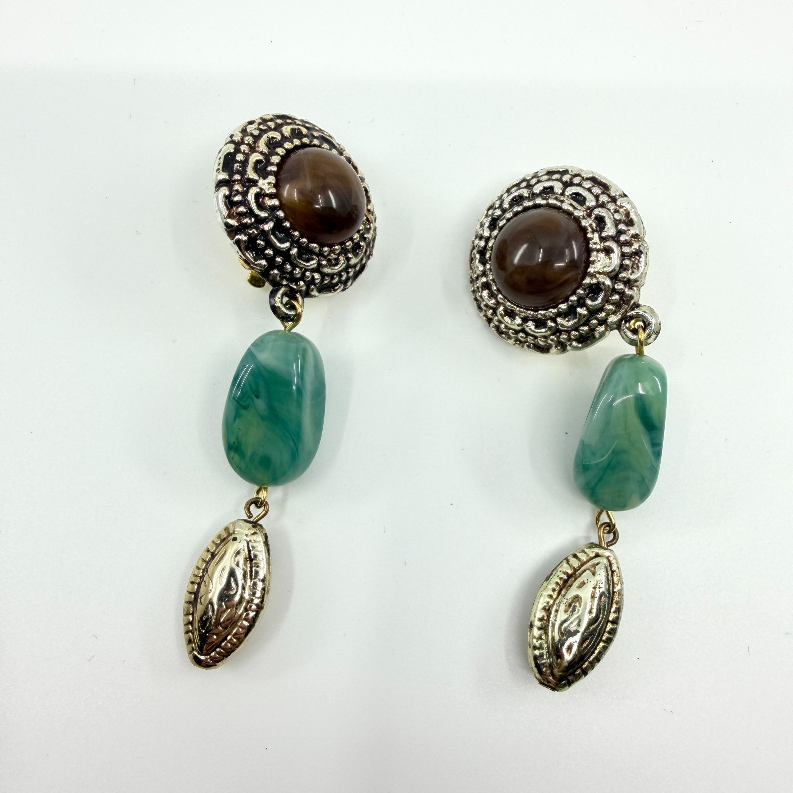 Vintage 80s Dangle Clip On Earrings Boho Green Marbled Bead Brown Cabochon