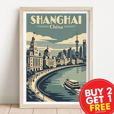 Shanghai China Reisedruck, Retro Wandbild, Reisecollage, Stadtbilder, A3,
