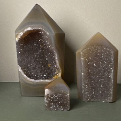 Set of 3 polished agate quartz geode crystal points with exposed faces
