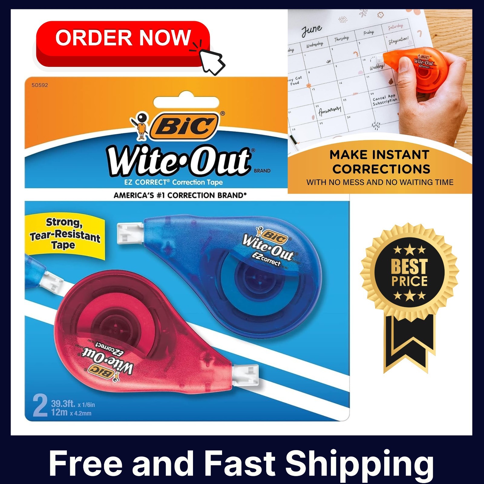 BIC Wite-Out Brand EZ Correct Correction Tape, 39.3 Feet, 2-Count Pack of White.