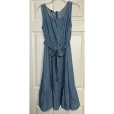 Talbots Denim Dress Women Size 4 Blue Sleeveless Chambray Tassel Belt Ruffle Hem
