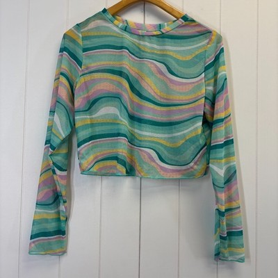 Womens Festival Groovy Striped Sheer Mesh Cropped Top Size XL Coachella Fairy