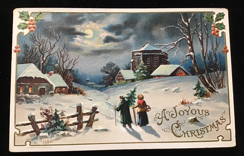 1910 EMBOSSED WUSSLER JOYOUS CHRISTMAS PC ~ COTTAGE, CHURCH, WINTER SNOW SCENE