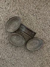 4 Vintage Open Salt  Cellar Dip Dish Openwork Metal Work With Glass Insert Oval