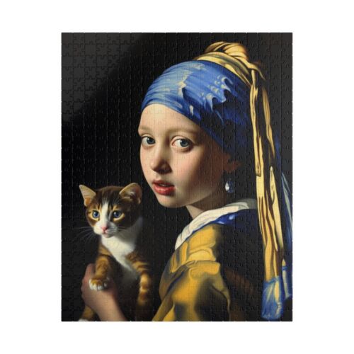 Johannes Vermeer's "Girl with a Pearl Earring" w a cat 500 Pieces Jigsaw Puzzle - Picture 1 of 4