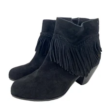 Gianni Bini Black Fringe Booties Sz 10 Suede Leather Western Boho Rodeo Peasant