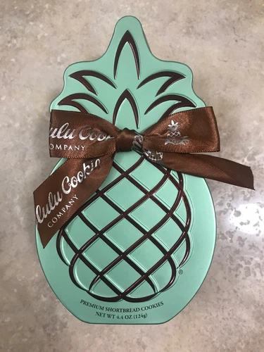 HONOLULU COOKIE CO. EMPTY HAWAII PINEAPPLE-SHAPE COOKIE STORAGE TIN CAN BOX