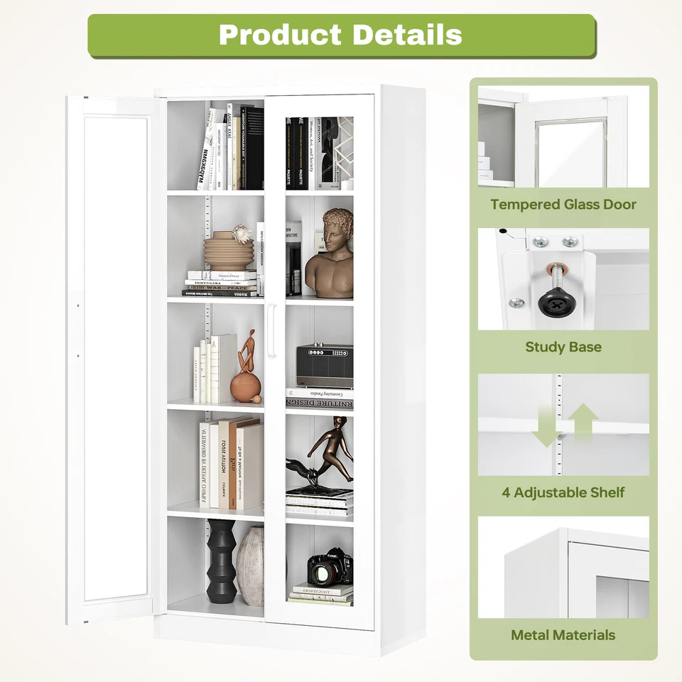 Armario de almacenamiento de metal, vitrina de vidrio curiositario de 71" con 4 estantes ajustables Foto 3 de 4