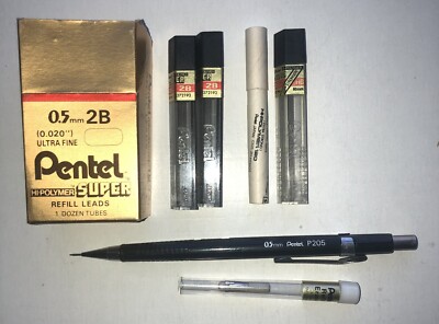 Vtg PENTEL Japan 0.5MM LOT:Mech Pencil P205, Refill Leads 2B, 2H, HB. eraser See