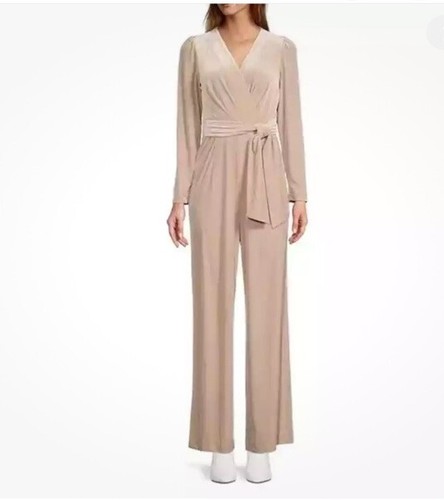 Antonio Melani 12 Velvet Miranda Jumpsuit Beige Long Sleeve Vneck Tie $189 - Afbeelding 1 van 17