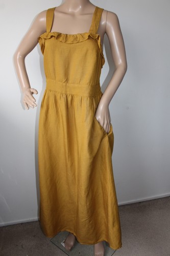 Zara Midikleid mit Taschen Leinenmischung senffarben gekreuzter Rücken Bindeband Taille L