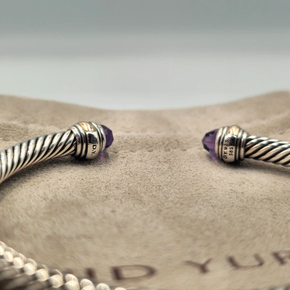 David Yurman Sterling Silver 925 & 14k Gold 5mm Cable Amethyst Cuff Bracelet - Image 4 of 4
