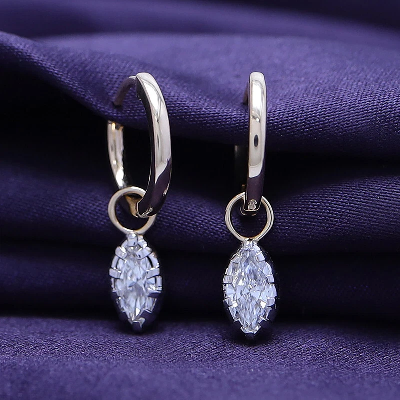 1.00 Ct Marquise Cut Lab Grown Diamond Drop Dangle Earrings 14K Solid Gold - Image 3 of 4
