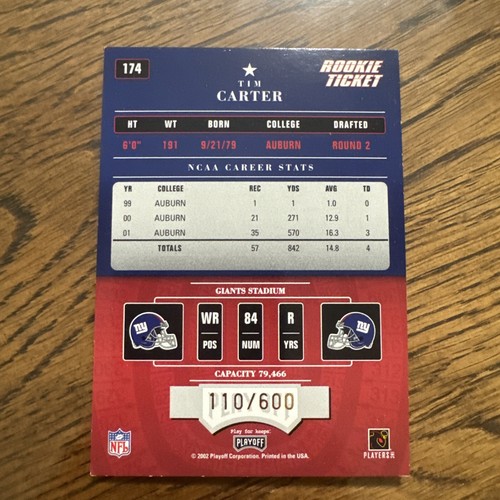 2002 Playoff Contenders #174 Tim Carter AU/600 - AUTOGRAPH RC - Picture 2 of 2