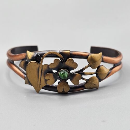 "Bracciale Polsino Rame Lavoro Aperto Motivo Foglia Fiore Verde Pietra Centro 6,25" - Foto 2 di 9