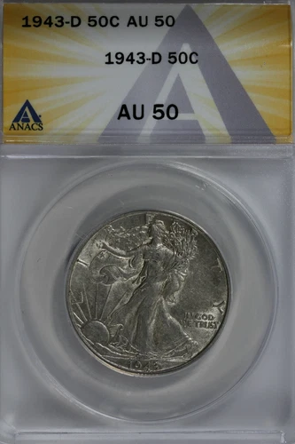 1943-D   50C ANACS   AU50   Walking Liberty, Lady Liberty Half, 0.50