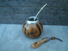   Argentina Mate Gourd Hand Made  Cup Bombilla Straw Engraving Gaucho BONUS