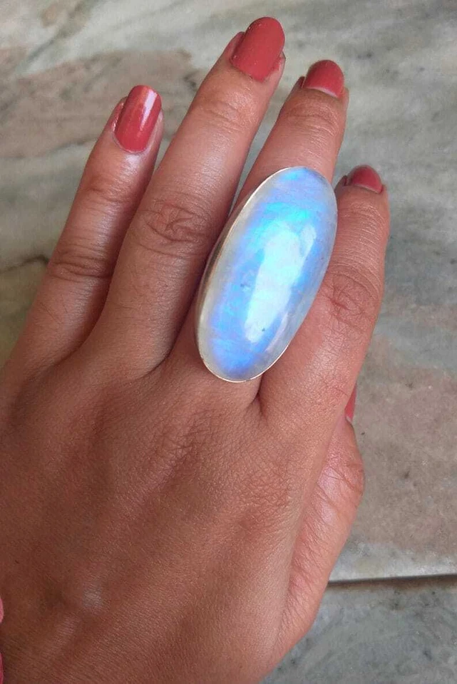 Anillo Boho Piedra Preciosa Arco Iris Piedras Lunares Plata de Ley 925 Todos los Tamaños Foto 3 de 4