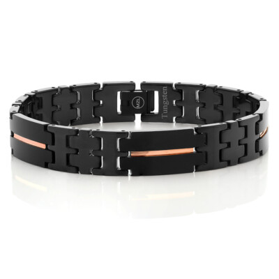 NEW Black Plated Tungsten Carbide Bracelet w/ Rose Gold IP Accent Line
