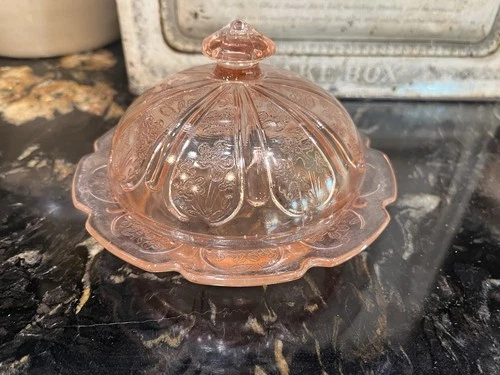 Jeannette Cherry Blossom Pink Depression Glass Covered Butter Dish 1980s