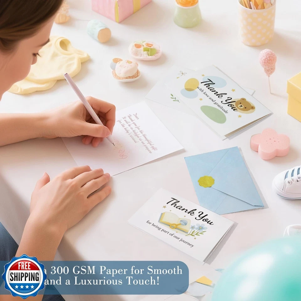 Tarjetas de agradecimiento C2U Baby Shower para niño - Paquete de 24 con sobres y Sti dorado Foto 2 de 4