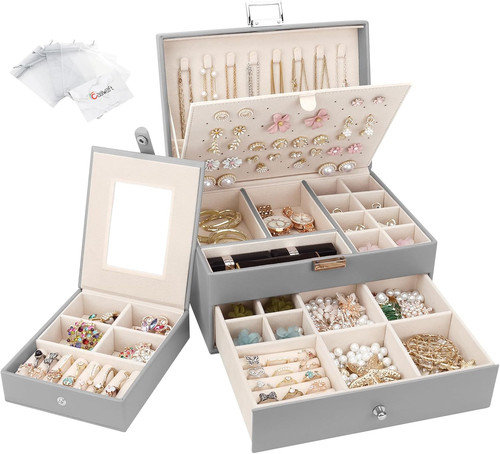 Jewellery Box Organiser 2 Layers, Large PU Leather Jewelry Storage Case with Por