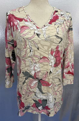 Lulu B Top Womens Sz L Beige Pink Floral Burnout V-Neck 3/4 Sleeve Cotton Blend