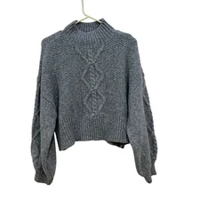 Vero Moda Cable Knit Semi Cropped Sweater Gray Fuzzy Mock Neck Womens M