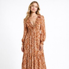 Anthropologie XS Rust Ikat Boho Midi Dress Smocked Waist Prairie Tiered
