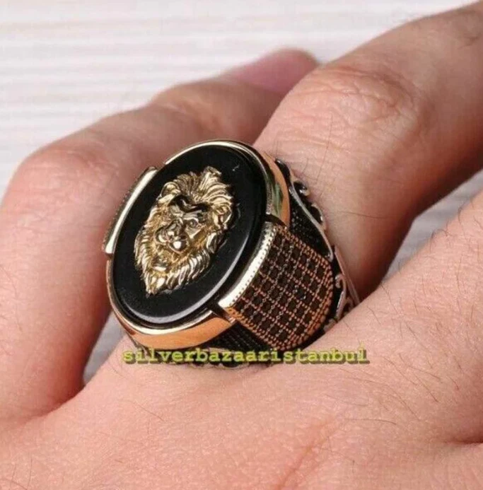 Anillo turco hecho a mano de plata esterlina 925 con cabeza de león negro para hombre regalo 001 Foto 2 de 4