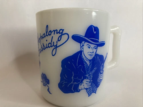 Vintage ~ HOPALONG CASSIDY Cowboy Western White Milk Glass & Blue Childs Cup Mug