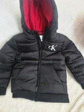 Calvin Klein Jeans Boys Hooded Puffer Jacket Black Red Lining Logo Size 8