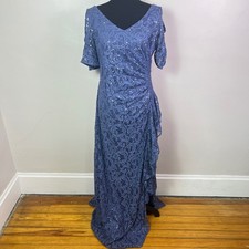 Alex Evenings Gown 12 Blue Sequin Lace Cold-Shoulder Ruffled Slit Formal Dress