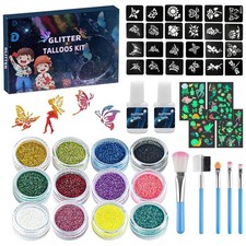 12-Color Temporary Glitter Tattoo Kit with 24 Stencils for Kids and Adults.