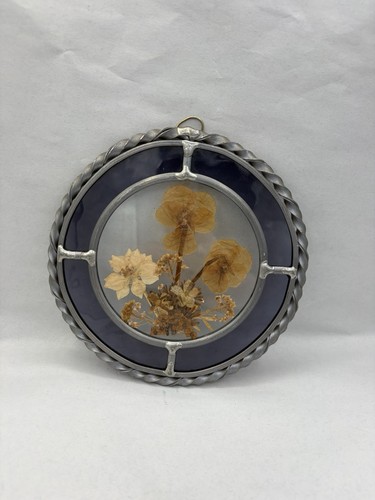 Vintage Dried Flowers Purple Glass Braided Rim Round Stained Glass Suncatcher 6"