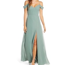 Jenny Yoo Sage Green Chiffon Off Shoulder Formal Gown Maxi Dress SZ 16 (No Slit)