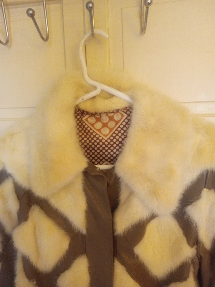 Vintage Cream And Pastel Mink/Rabbit And Chocolate Leather Coat Small Stunning - Image 4 of 4