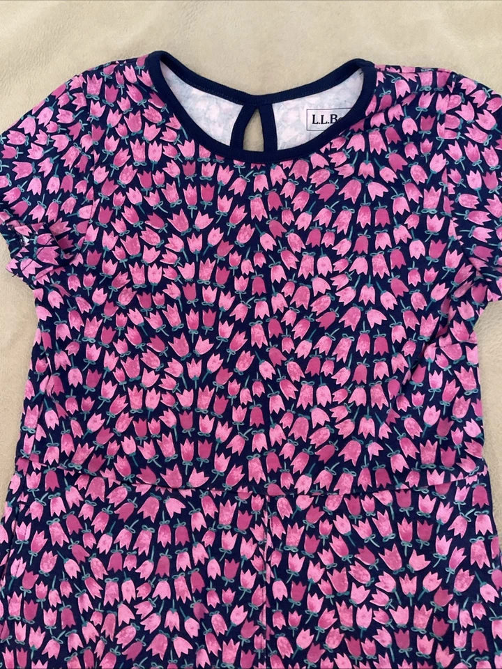 LLBean Dress 10 Girls Pink Navy Blue Tulip Soft 100% Cotton  - Image 2 of 4