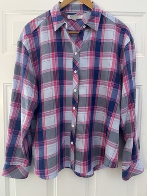Tommy Bahama Women's Blue & Pink Plaid Button Up Roll Tab Blouse - Size S