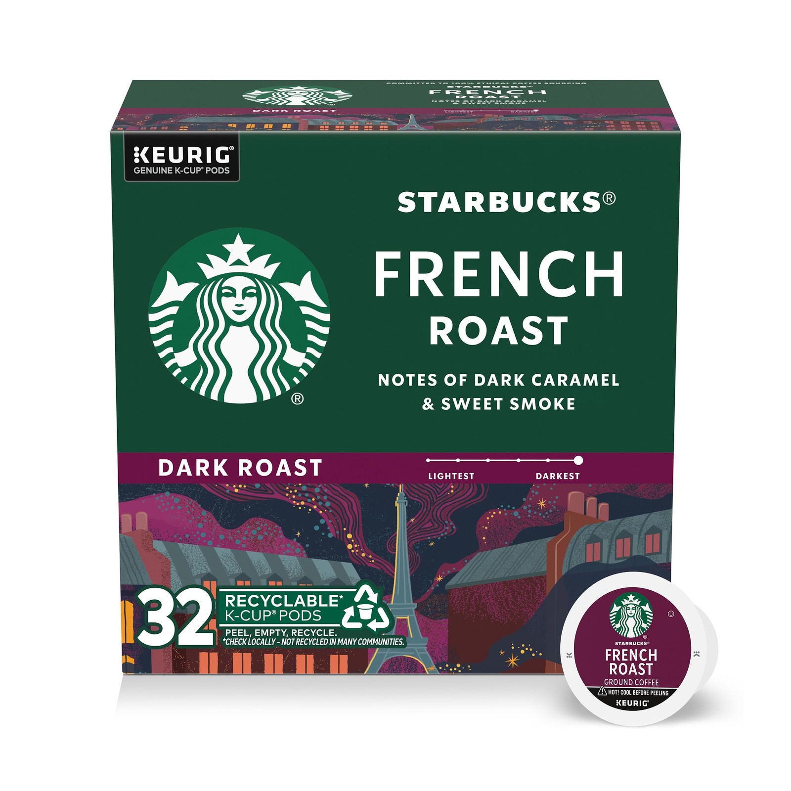 Starbucks K-Cup Coffee Pods, Dark Roast 32 Count (Pack of 1), French 