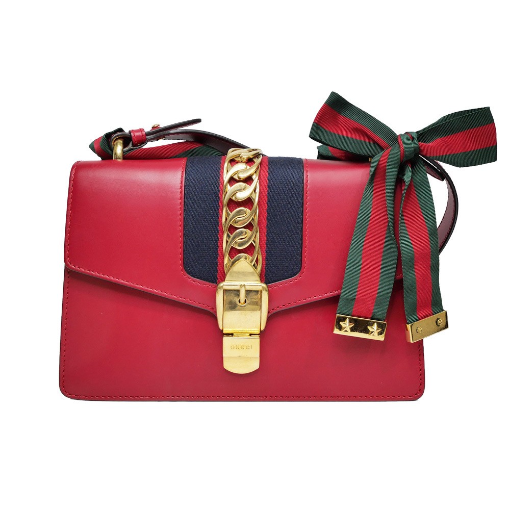 Meito Gucci Sylvie Shoulder Bag Sherry Line Calfskin Red  421882