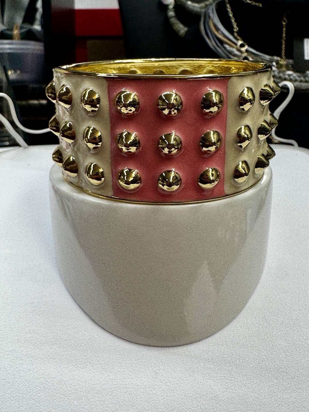 Pink/White/Gold Enamel Gold Tone Studded Hinged Cuff Bracelet, No Stone