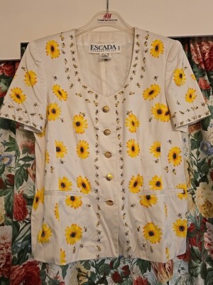 Vintage Escada Margaretha Ley 100% Baumwolle Jacke Bienen Sonnenblumen Büste 35'' Epic