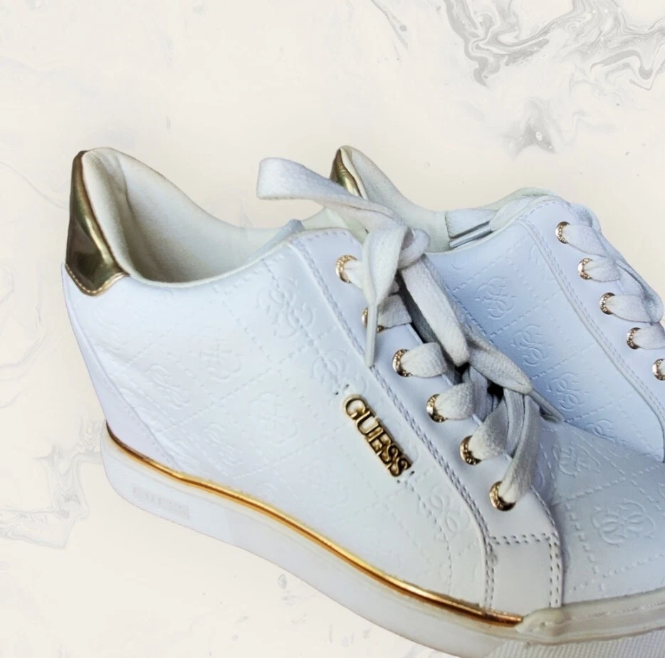 GUESS Los Angeles Women’s Wedge Sneakers Shoes Sz 8 White w/Gold  - Image 2 of 4