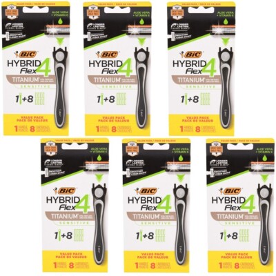6 Pks BIC Hybrid Flex 4 Titanium Blades Sensitive (Total 6 Handle &48 Cartridge)