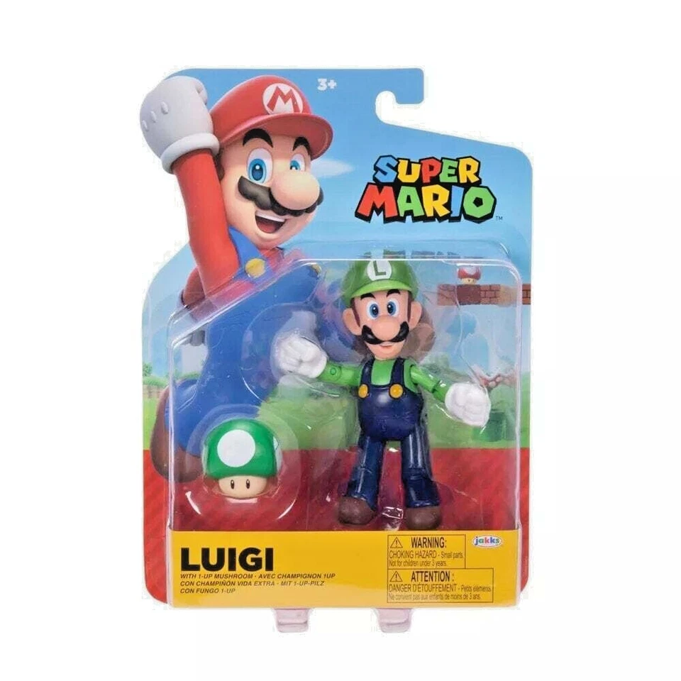 World Of Nintendo Super Mario 4 inch Figure Luigi With 1-Up Mushroom NEW