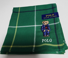 POLO Ralph Lauren Bear Embroided Scarf Green Plaid 49cm Cotton Hankie