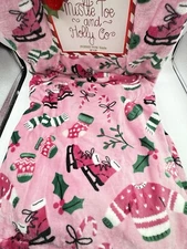 Mistle Toe And Holly Co Pink Holiday Cozy Throw Blanket Ice Skates Sweater Holly