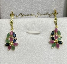 14k Solid Yellow Gold Cluster Flower Lever-back Earrings, Mix Stones 2.57 Grams